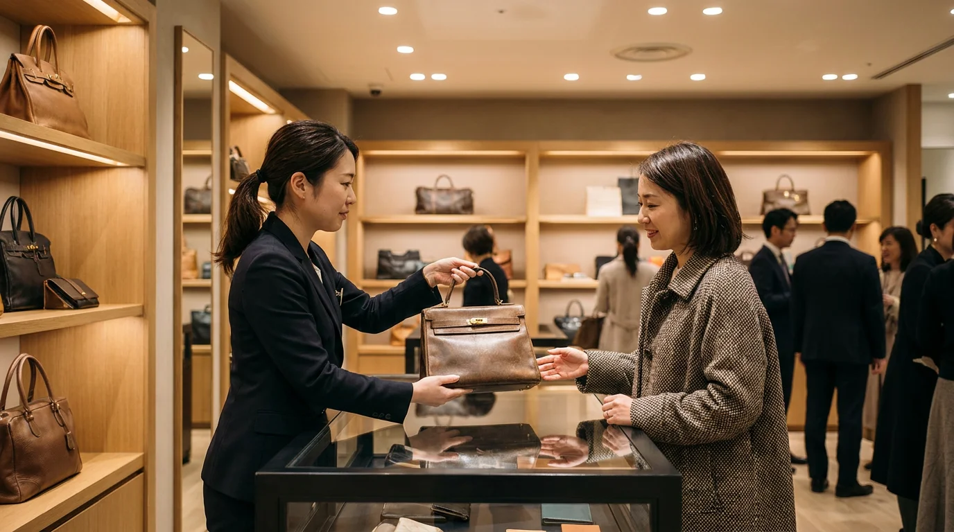 店頭でバッグを手にして接客するスタッフと来店者